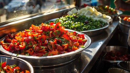 Fresh red pepper salad on a street food stall for culinary or healthy eating designs