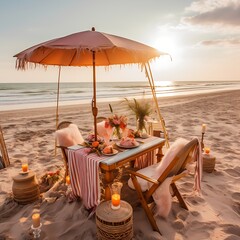 Wall Mural - Sea beach with luxury table chairs and umbrella on sand in sunset sky landscape illustration image generative ai