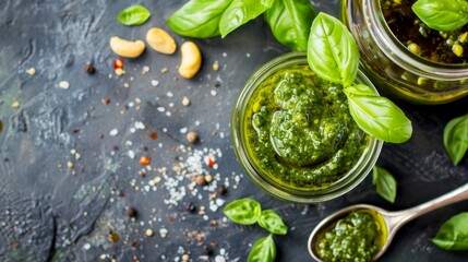 Wall Mural - Traditional italian sauce pesto with green basil in wooden bowl isolated on white background
