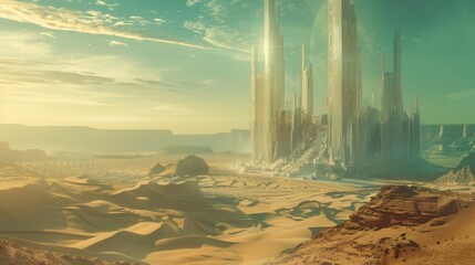 Wall Mural - Futuristic City in a Desert Landscape for Sci-fi or Fantasy Themed Designs