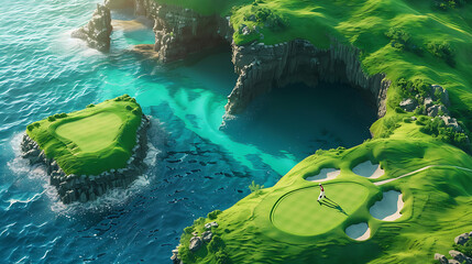 Beautiful golf course The fun of sports on green grass amidst the blue sea