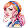 © Krip - Watercolor Painting Illustration Transparent .PNG of Ukrainian LGBTQ+ Pear-shaped body Bubblegum Pink hair Twists celebrating pride wearing Orange Bisexual bandeau top