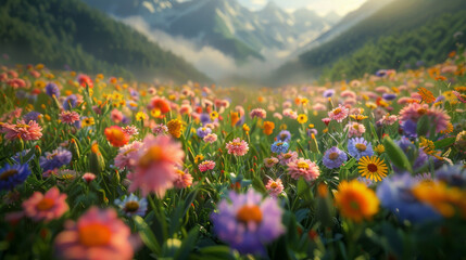 Wall Mural - A field of flowers with mountains in the background