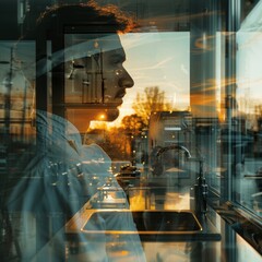 Poster - A double exposure photograph that combines the face of a chef with a view of a modern, technological kitchen