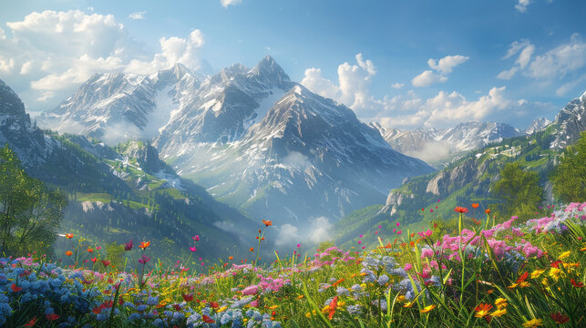 A beautiful mountain landscape with a field of flowers in the foreground