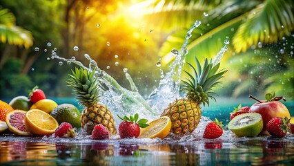 Wall Mural - Close up of tropical fruits splashing into water against an enchanted forest scene