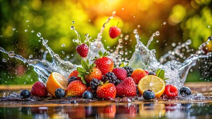 Wall Mural - Close up of fresh fruits splashing in water with a forest background