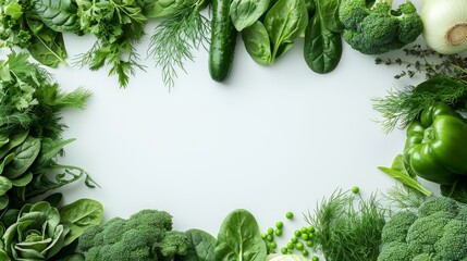 Wall Mural - Fresh Green Vegetables Border Display on White Background for Raw Food Promotion