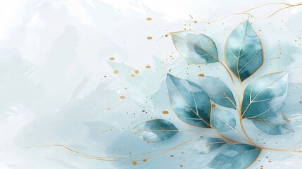 Wall Mural - Delicate blue and gold leaves on a soft pastel background with gentle abstract splashes.