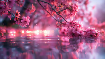 Wall Mural - A pink tree with pink flowers is reflected in the water