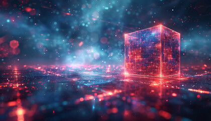Wall Mural - a cube is lit up in a blue and red background by ai generated image
