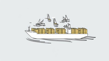 Sticker - A simple line drawing depicts a sideview of a large container ship heading towards and island, behind the ship is a harboor, sailing from the ship are a few speedboats