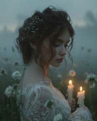 Poster - a white ghostly bride in the fog holding candles, sunset time, forest background, celestial crown on her head, fantasy, beautiful