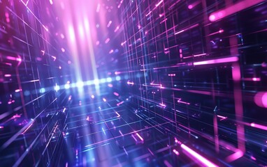 Wall Mural - Abstract image of glowing purple grid in perspective with bright light at the end of the tunnel.