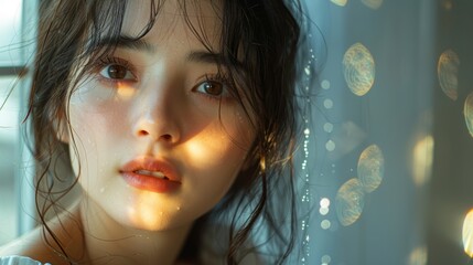 Poster - An Asian girl leaned her head toward the window, the sunlight pouring through it on her face