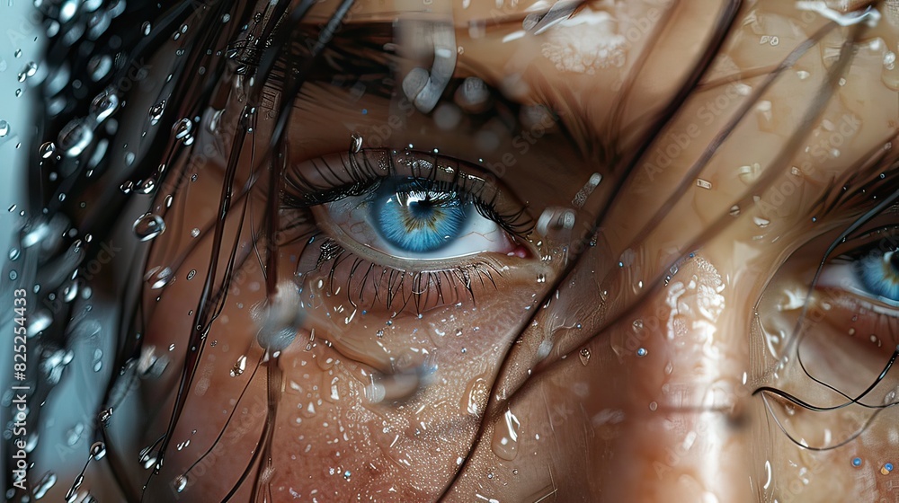 A close up 3d girl face, very beautiful blue eyes, realistic water wets ...