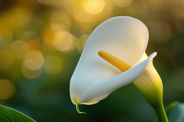 Canvas Print - Close-up of a white calla lily in soft sunlight with a dreamy bokeh effect