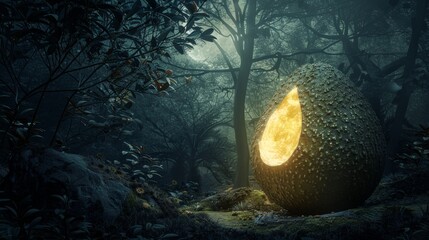 Wall Mural - Golden egg glowing in a dark forest for fantasy or holiday designs