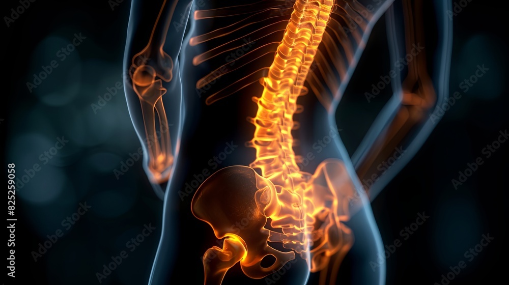 3D X-ray rendering of human spine joint, lower back pain due to a ...