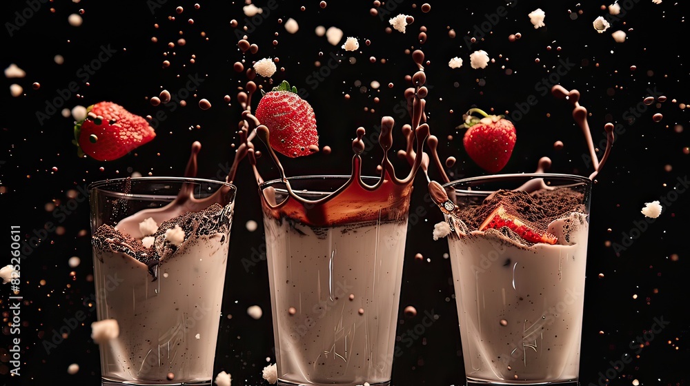 Three glasses of milkshake, chocolate splashes, few strawberries ...
