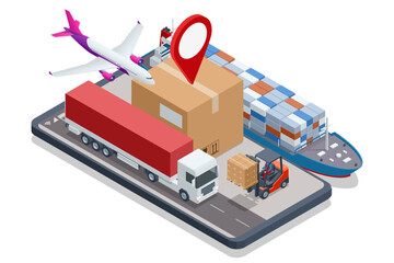 Wall Mural - Global logistics network isometric air cargo trucking rail transportation maritime shipping On-time delivery Vehicles designed to carry large numbers of cargo