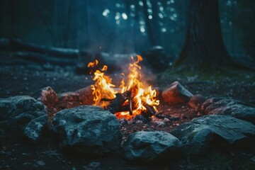 Poster - Serene campfire surrounded by rocks in a misty forest during the blue hour