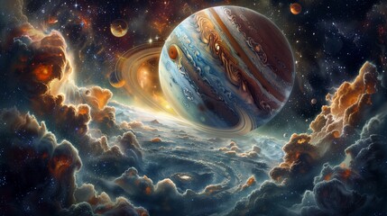 a detailed illustration of a gas giant planet with swirling clouds and a stormy atmosphere, with a b