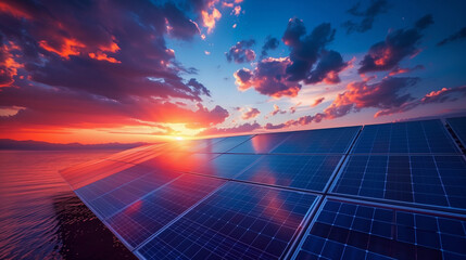 A beautiful sunset over photovoltaic panels with a bright orange sun in the sky