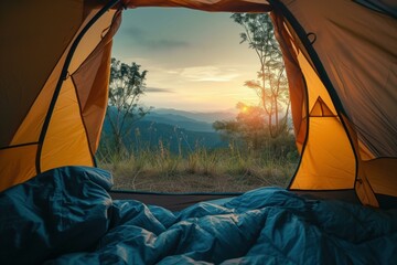 Poster - Breathtaking sunrise over mountains seen from the cozy interior of a camper's tent