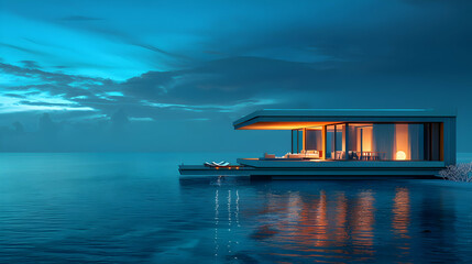 Luxury house on the water, floating in crystal clear blue waters with coral reefs under it