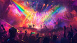 © CQSP - A digital art piece of a Pride-themed concert, performers on stage, rainbow lights, and a cheering crowd. Background of an open-air venue with a sunset sky. Dynamic, vibrant, and energetic