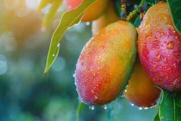 Mangoes with water droplets on tree. Sunlit fresh tropical fruits with bokeh background. Healthy eating and nature concept. Design for poster, banner, and print