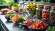© Aliaksandra - assorted meat alternatives displayed beside a salad bowl on a kitchen counter, exemplifying a healthy eating concept banner