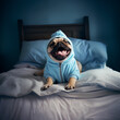 © Rodrigo - sleepy dog waking up on bed wearing blue pajamas