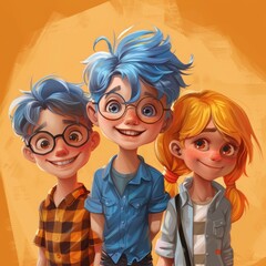 Sticker - kids, a blonde girl, a blue haired boy with glasses, a ginger with a big smile