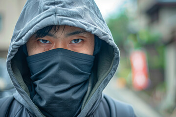 a Japanese person wearing a hoodie, with the hood obscuring their face, evoking a sense of mystery and anonymity.