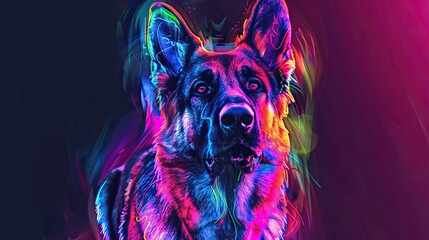 Wall Mural - German Shepherd in abstract style, graphic highlights ultra bright neon art, commercial, advertising, editorial, surreal. Isolated on dark background.