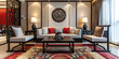 © AI_images - a modern living room interior designed in a Chinese style. Rich cultural elements fused with contemporary aesthetics create a harmonious ambiance