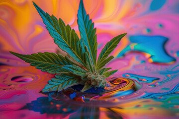 Sticker - Single cannabis leaf and bud with a colorful, liquid abstract art backdrop