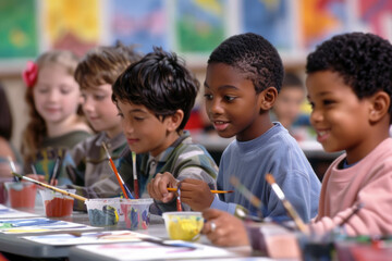 a multicultural group of children learning to paint in an art class