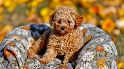 Wall Mural -  A small brown dog sits atop a blanket on a bed of yellow, orange, and white flowers Surrounding it is a vast field filled with these hues Behind, the back