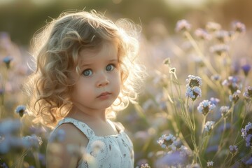 Poster - Portrait of a young child with curly hair amidst wildflowers during a tranquil sunset