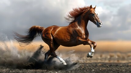 Wall Mural -  A brown horse gallops through a field, its movements contrasting the cloudy sky in the background Dust kicks up in the foreground as it runs