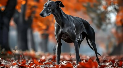 Wall Mural -  A black dog stands in a forest, surrounded by red and orange leaves and trees with orange foliage The dog gazes at the camera