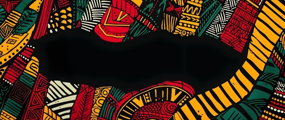 Wall Mural - Vibrant Kente Inspired Doodle Border Design with Blank Space for Customizable Black History Month Messaging