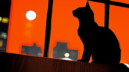 Wall Mural -  A cat perched on a window sill gazes at the city's nightscape Orange lights adorn the sill, reflecting against its fur An orange-hued sky
