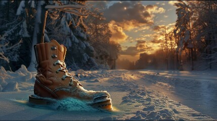 Sticker -  A pair of snowshoes resting on a snow-covered forest path Sunset approaches, sun sinking behind distanced, snow-capped trees