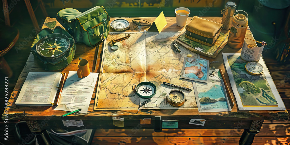 Australian Outback Explorer's Desk: A rugged desk with maps, compasses ...