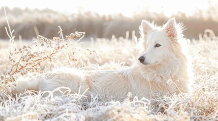 Canvas Print -  A white dog lies in a frosty field, grass beneath, bush near, sun shining on grass and bushes behind