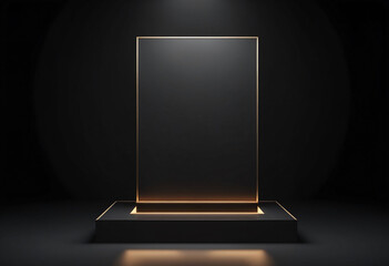 Wall Mural - Black podium or pedestal display on dark background with long platform. Blank product shelf standing backdrop. 3D rendering